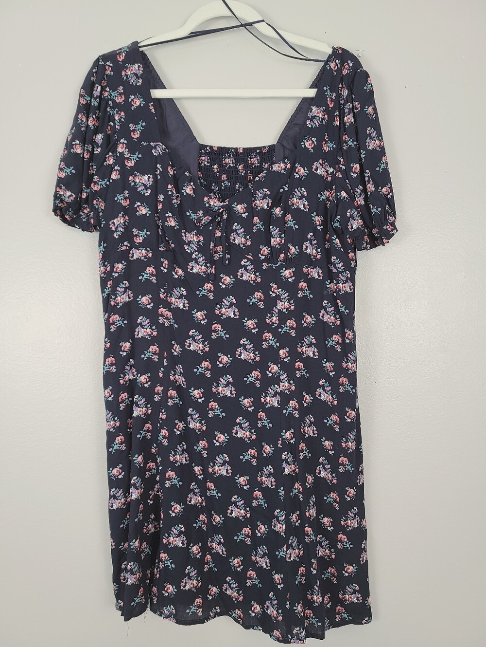 Modcloth Navy Blue Peasant Short-Sleeve Baby Doll Dress Pink & Purple Florals XL